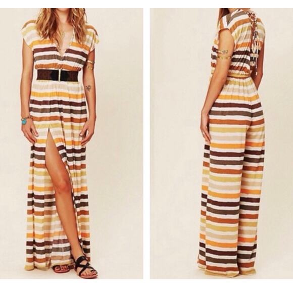 Free People Beach On the Horizon Striped Split Hem Jumpsuit Medium M Retro 70’s - Picture 1 of 13